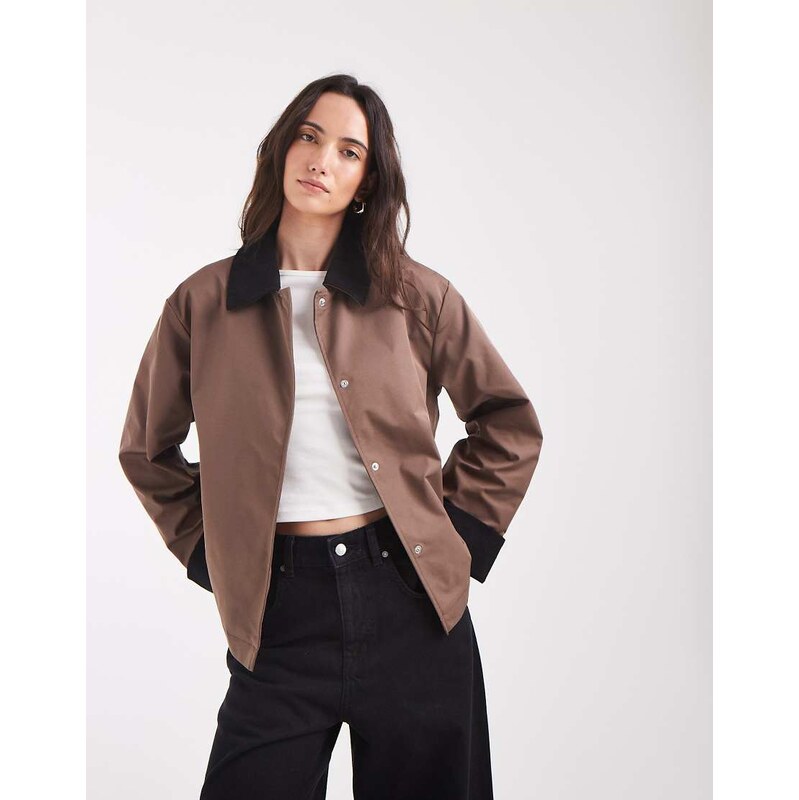 Pieces short trench coat with cord collar detail in brown