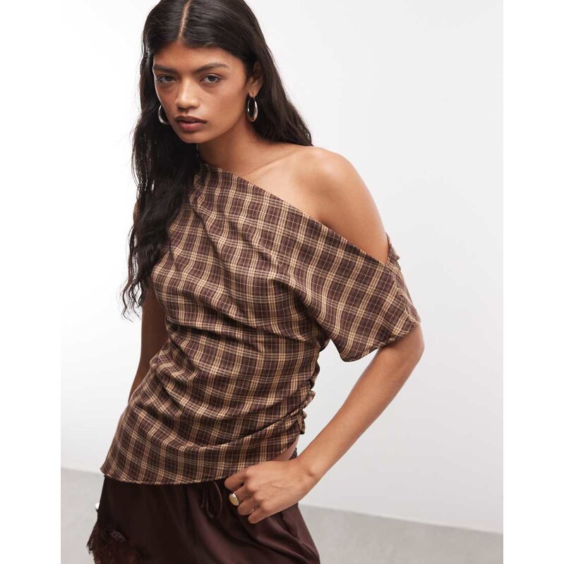 Reclaimed Vintage off shoulder top in brown check-No colour