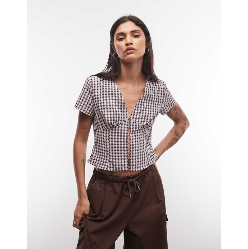 COLLUSION fitted short sleeve shirt in pink gingham