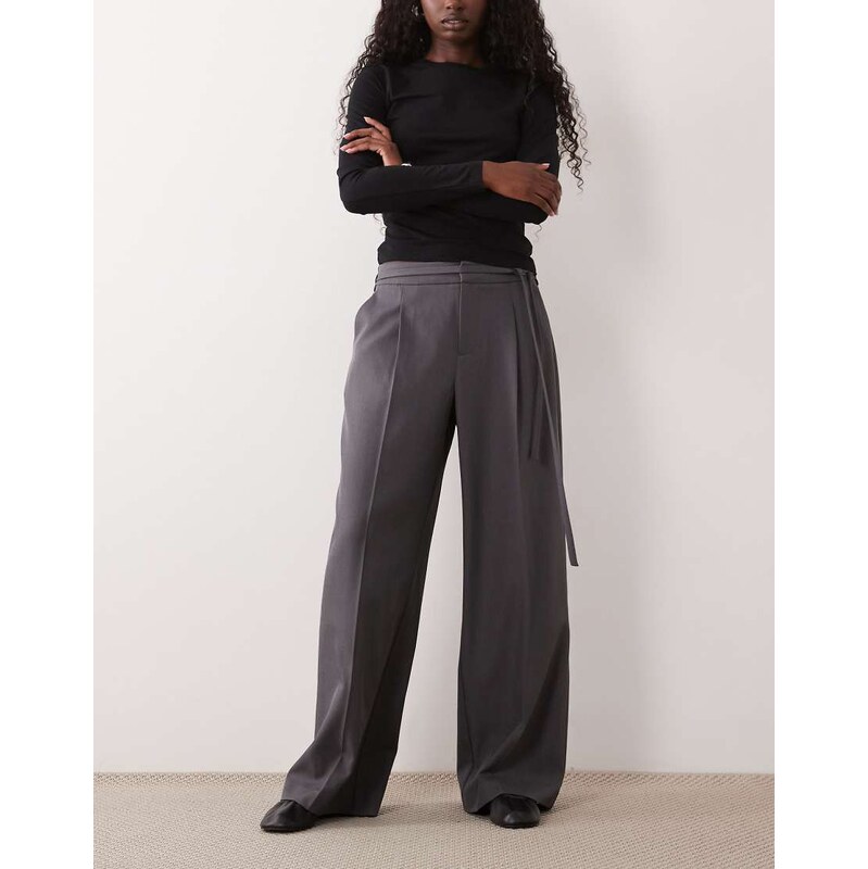 Gina Tricot mid waist tailored belted trousers in dark grey