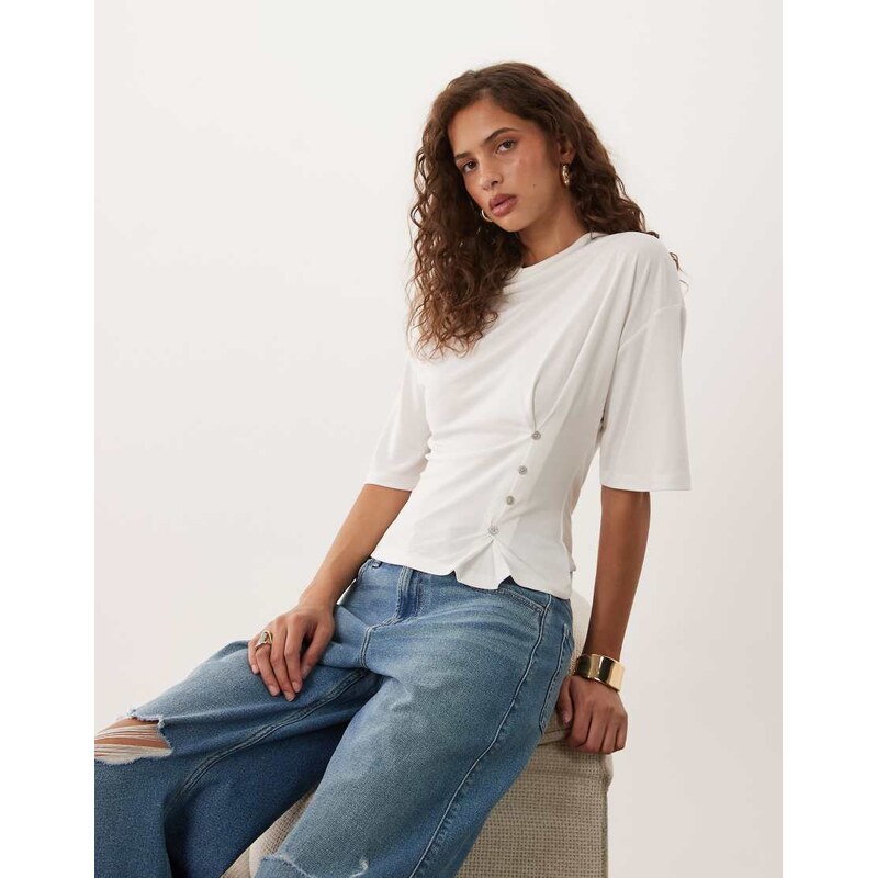 ASOS DESIGN Button sinched waist cupro t.shirt in ecru-White