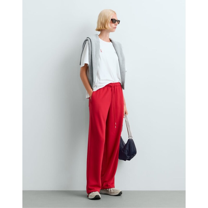 OYSHO Cotton blend fleece straight-leg trousers in red