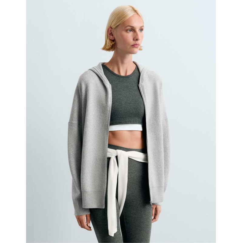 OYSHO Long knit hooded jacket in light grey