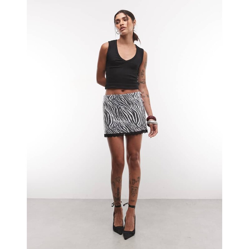 Noisy May sequins mini skirt with lace trim in zebra print-Black