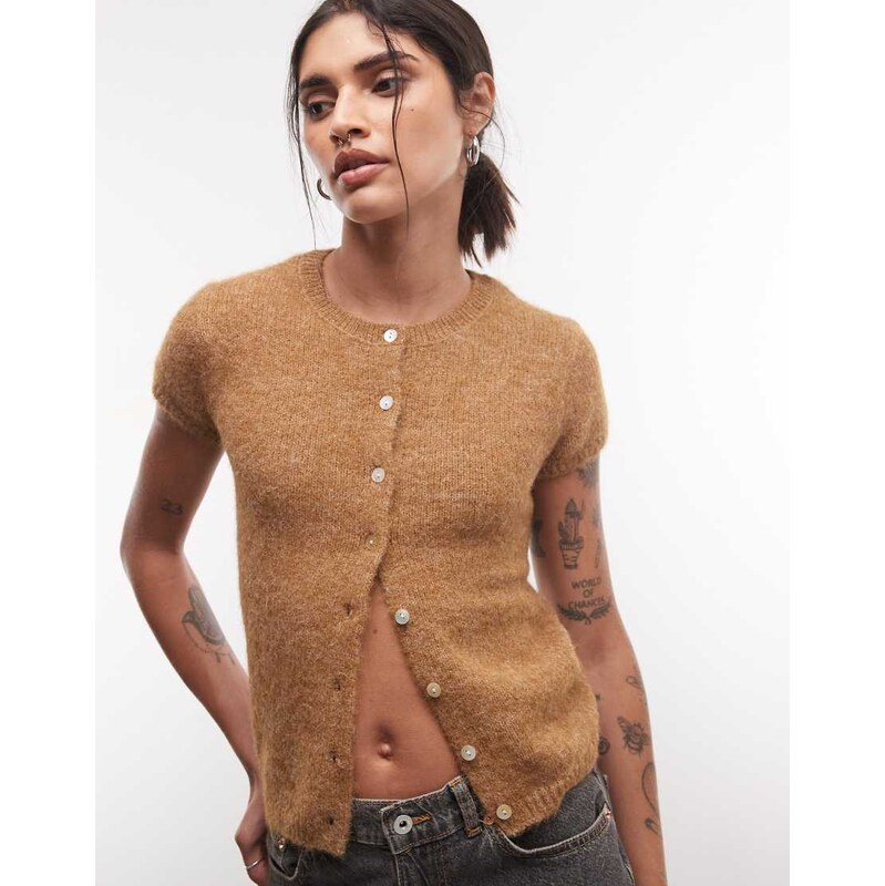 Monki short sleeve knit cardigan top in brown
