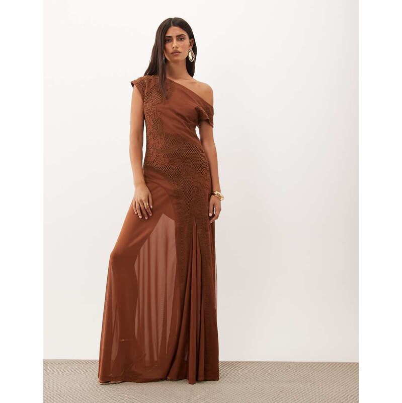 ASOS DESIGN mesh off shoulder embroidered maxi dress with sheer