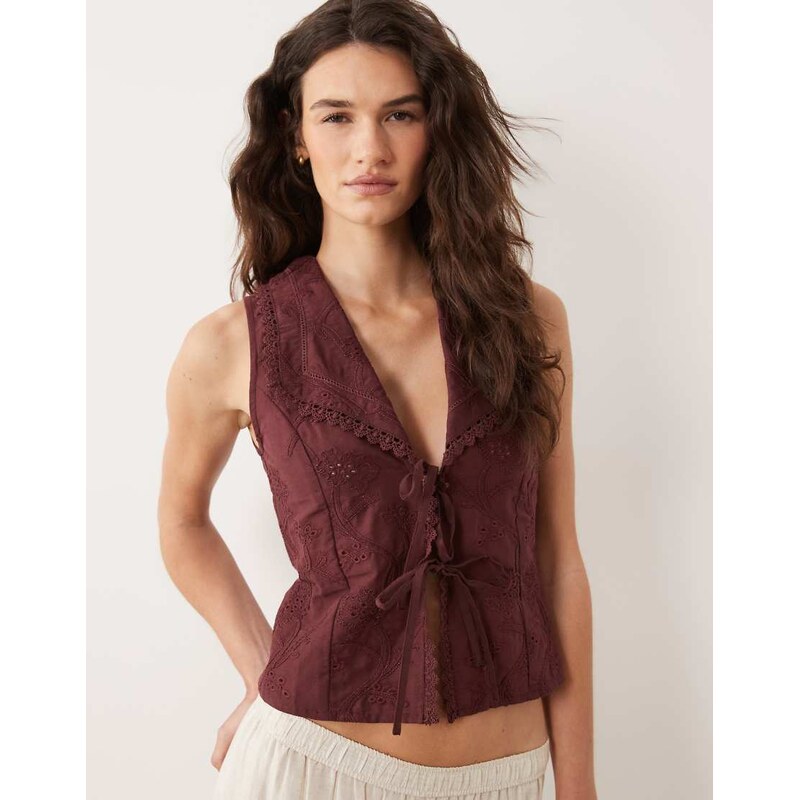 Miss Selfridge embroidered tie front waistcoat in fig-Yellow