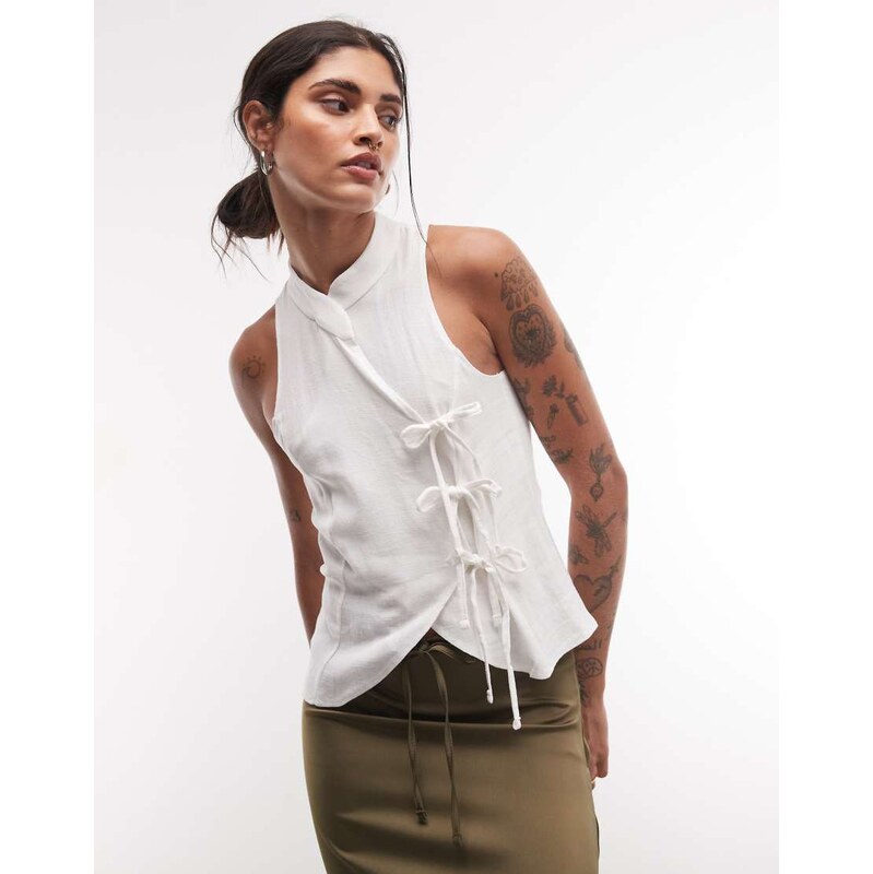 Reclaimed Vintage linen mandarin collar blouse in ivory-White
