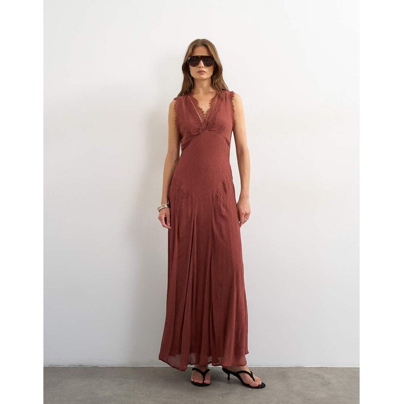 Topshop premium viscose lace insert pintucked maxi tea dress in