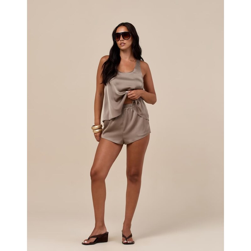 Wanderdoll Leni satin elasticated waist shorts co-ord in taupe