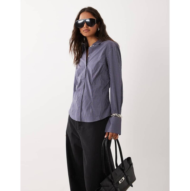 Mango cinched waist shirt in navy check