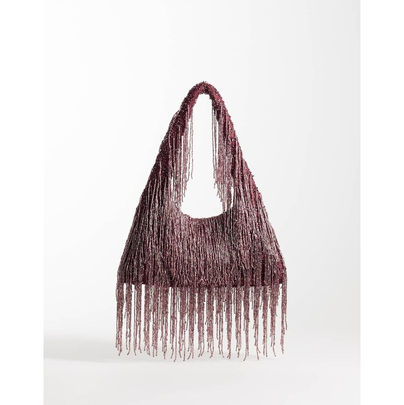 ASOS DESIGN Premium fringed embellished shoulder bag in burgundy