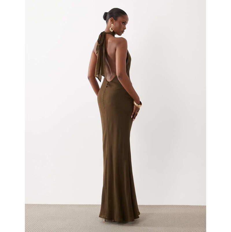 ASOS DESIGN tie halter neck maxi dress in khaki-Green