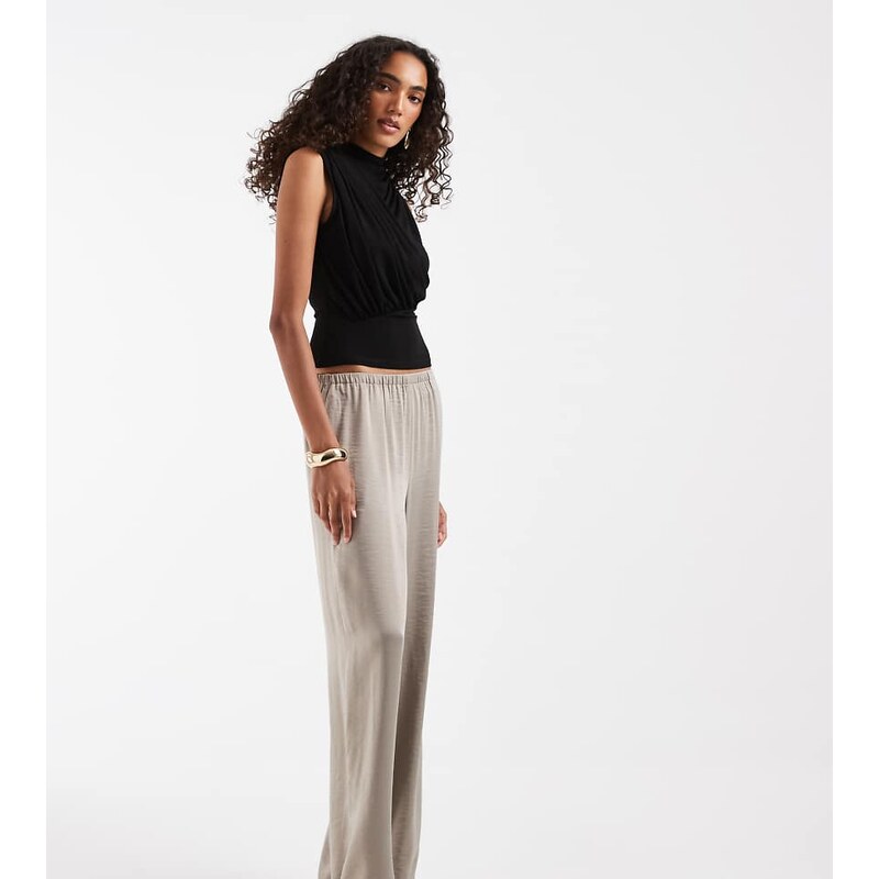 Vero Moda Tall textured satin wide leg trousers in stone-Neutral