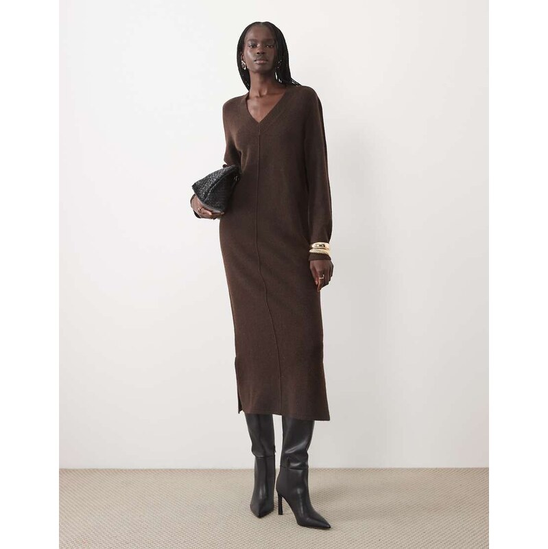 Vila v-neck knitted maxi dress in chocolate brown melange
