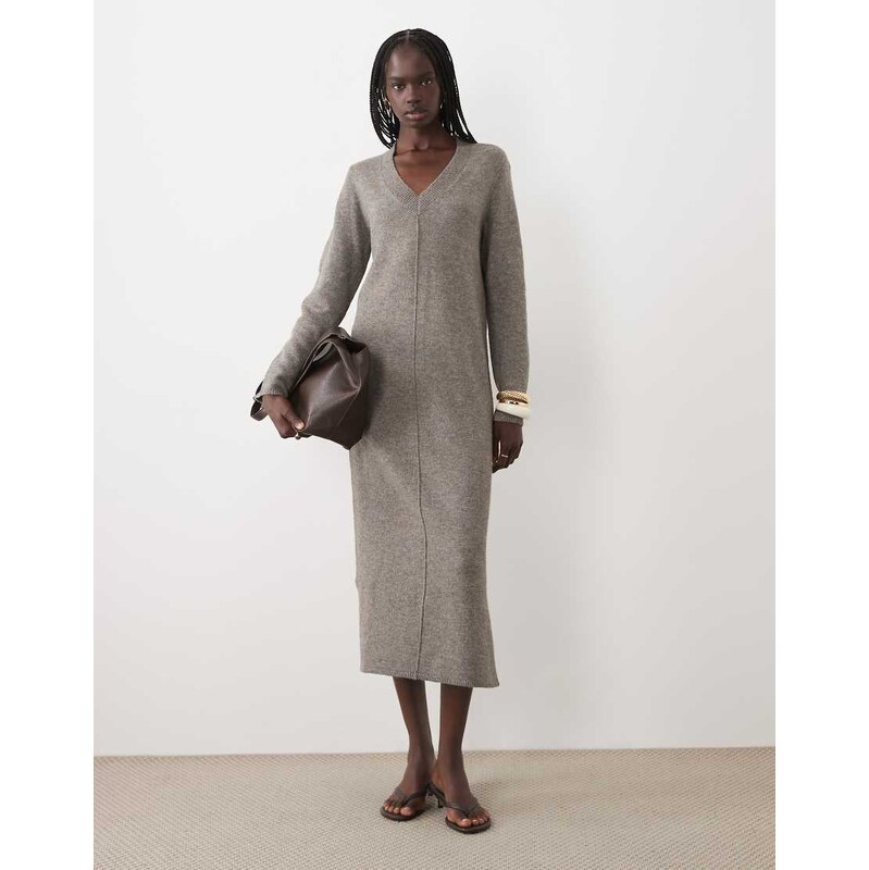 Vila v-neck knitted maxi dress in falcon melange-Neutral