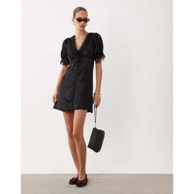 Miss Selfridge satin lace trim mini dress in black-No colour