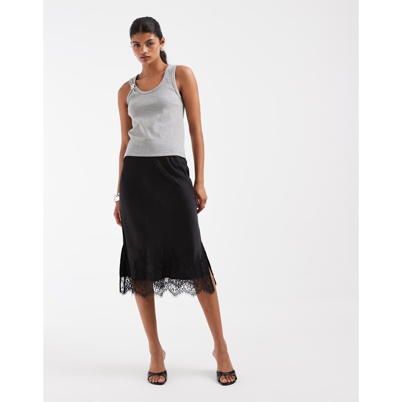 Pieces satin knee length skirt with lace trim in black