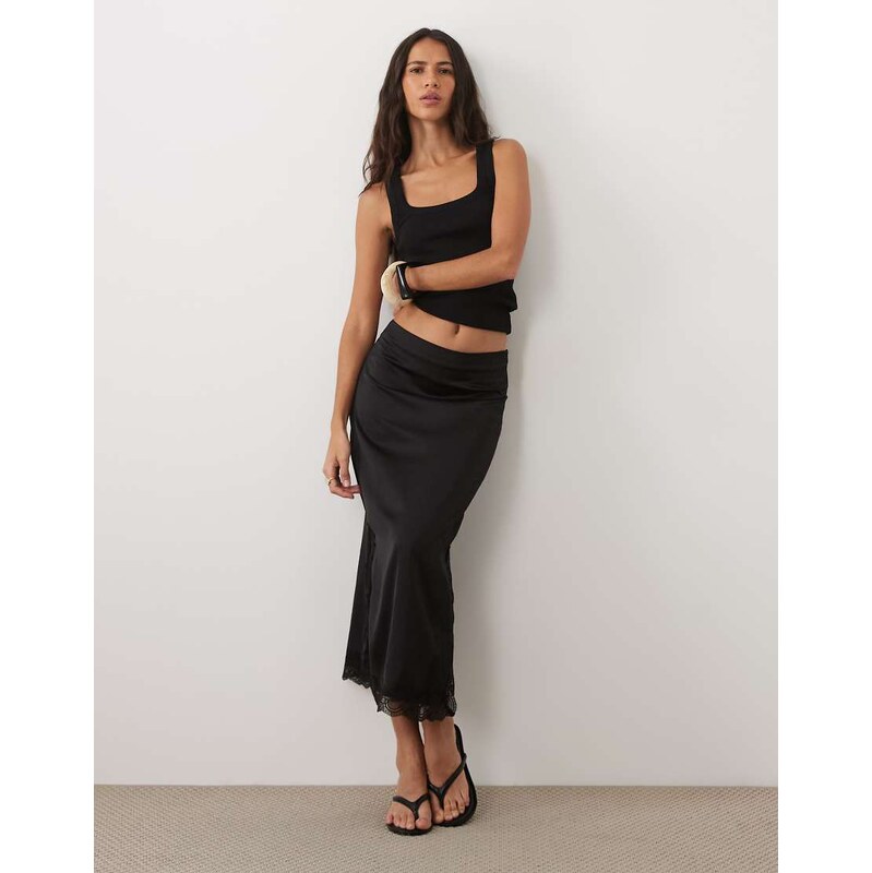 Vila lace trim satin midi skirt in black