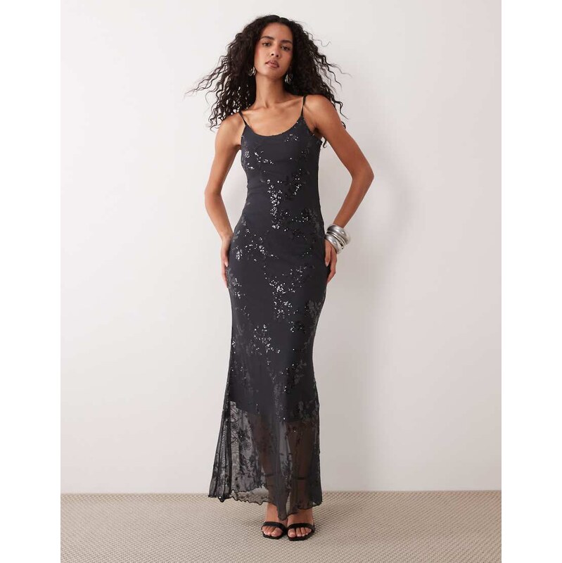 Pieces embellished mesh maxi dress in asphalt grey