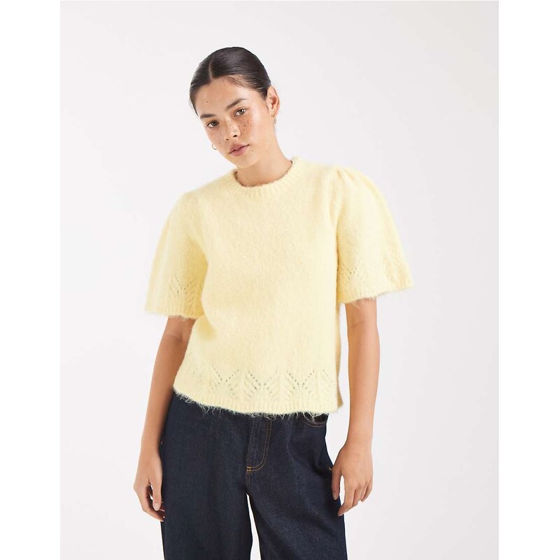 Pieces soft knitted short sleeve jumper in custard yellow
