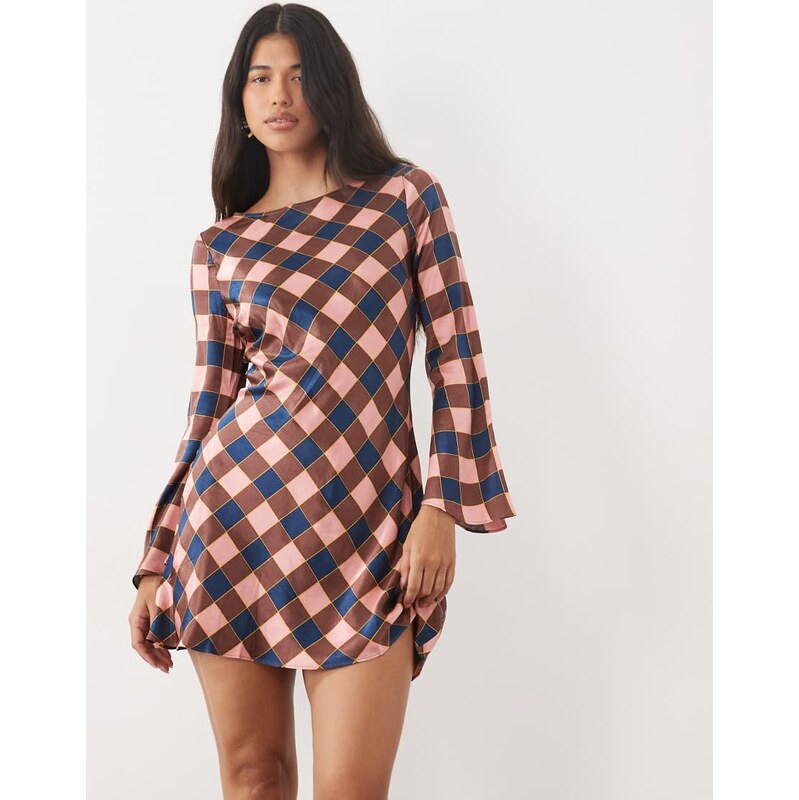 Nobodys Child Romy satin long sleeve mini dress in pink check