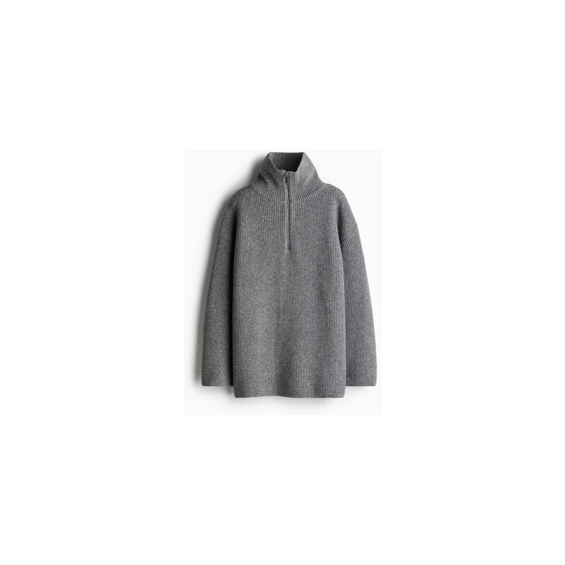 H&M - Žebrovaný svetrs horním zipem - Šedý Melír