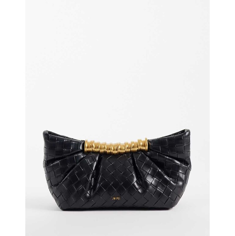 JW PEI Leia fan clutch bag in black woven emboss