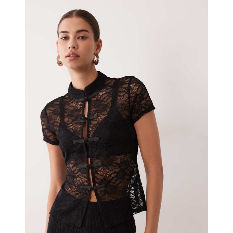ASOS DESIGN short sleeve lace mandarin collar top in black