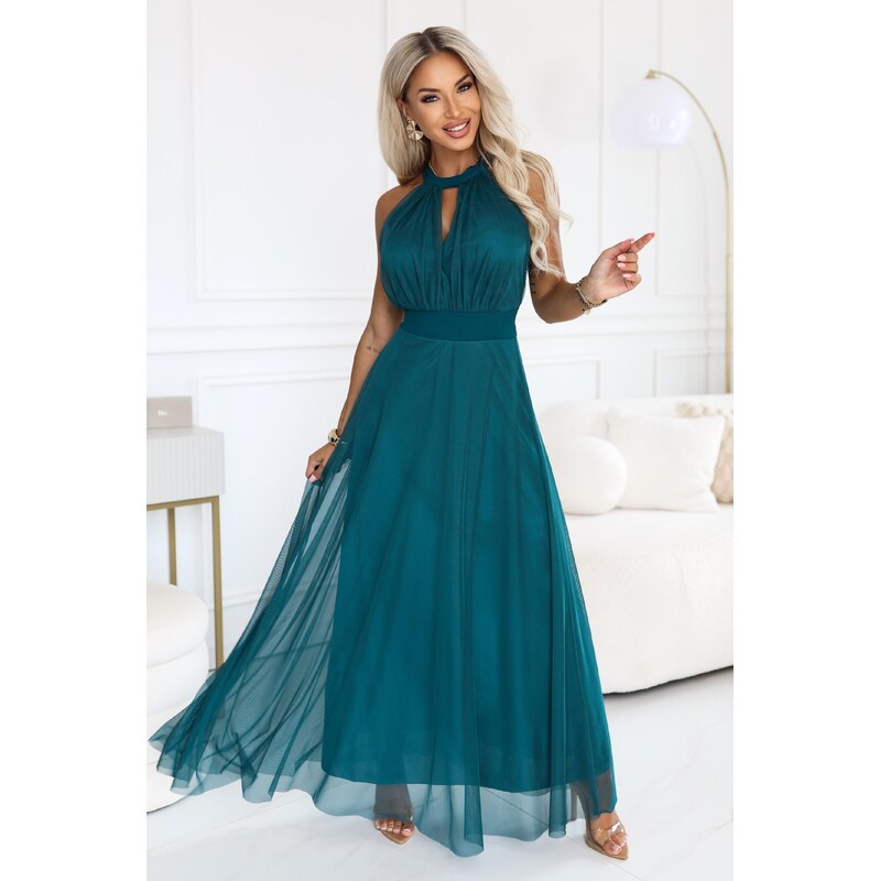 Numoco basic Numoco Elegantní večerní maxi šaty halter s tylem a