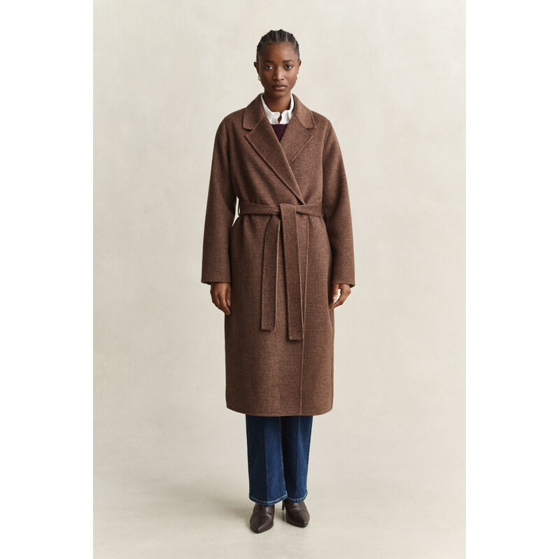 KABÁT GANT CHECKED HANDSTITCHED BELTED COAT DEEP BROWN