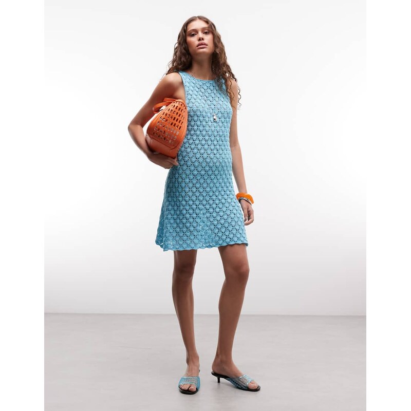 Reclaimed Vintage crochet mini dress in teal-Blue