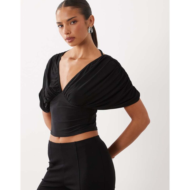 Missyempire slinky v neck batwing top in black