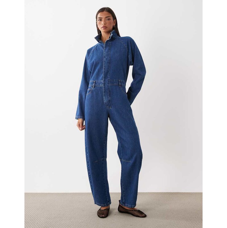ASOS DESIGN denim funnel neck jumpsuit in dark mid blue