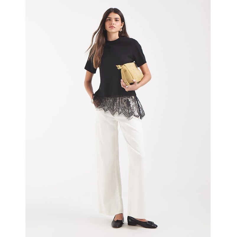 Vero Moda t-shirt with asymmetric lace detail in black