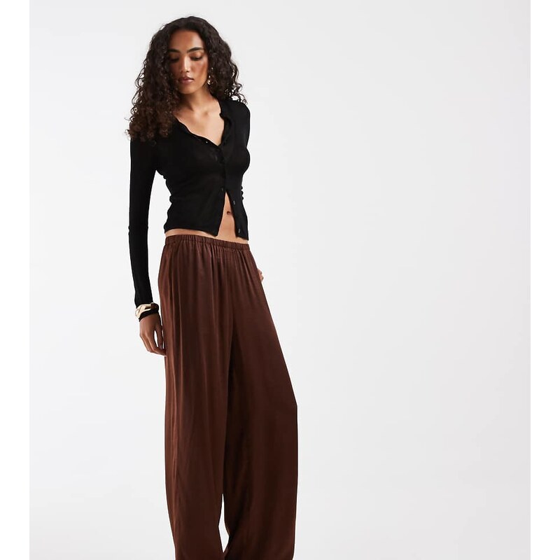Vero Moda Tall textured satin wide leg trousers in brown