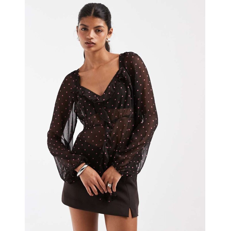 Pieces long sleeve chiffon ruffle blouse in brown polka dot