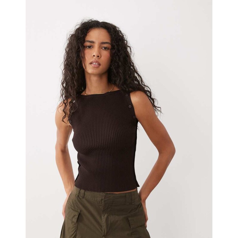 Mango ribbed boat neck sleeveless top in chocolate-Brown