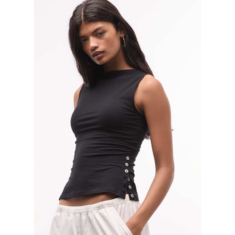 Weekday tank top with side button detail in black