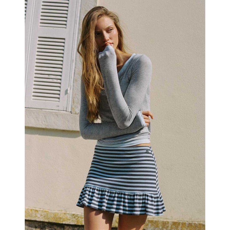 Pull&Bear Striped ruffle mini skirt in bluish grey