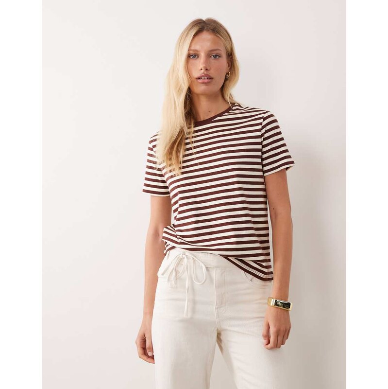 Mango contrast trim t-shirt in brown stripe