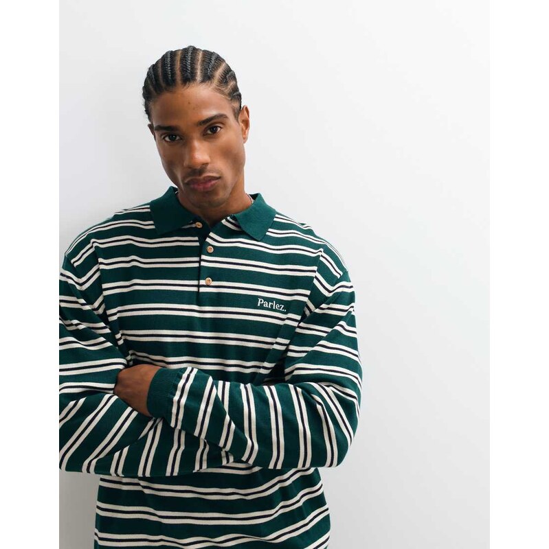 Parlez stripe long sleeve knitted polo shirt in green