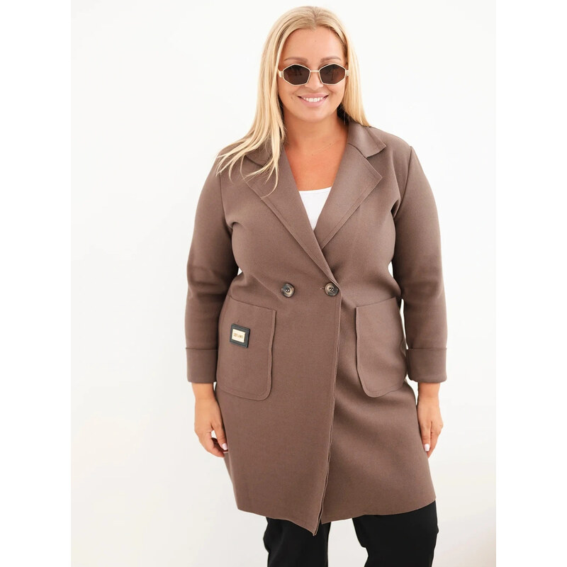 K-Fashion Dámský elegantní kabát Plus Size s límcem a velkými