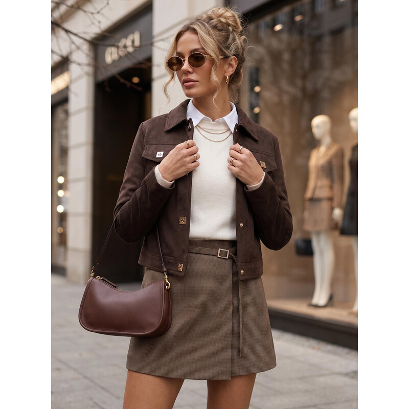 Dámská semišová bunda na druky, tmavě hnědá, FashionStreet