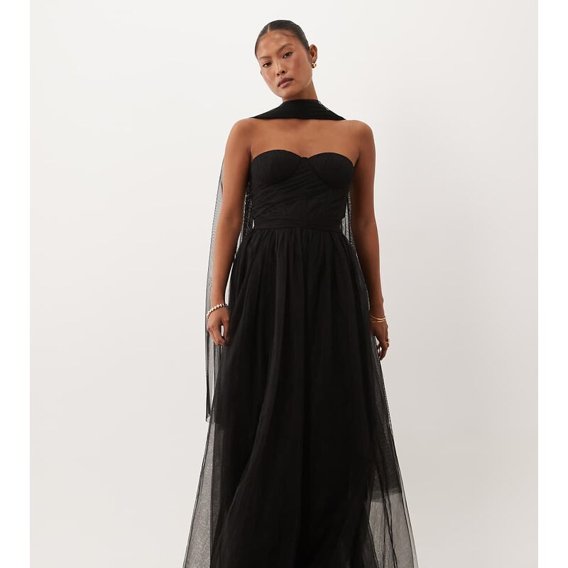Lace & Beads Petite tulle bandeau scarf neck corset maxi dress