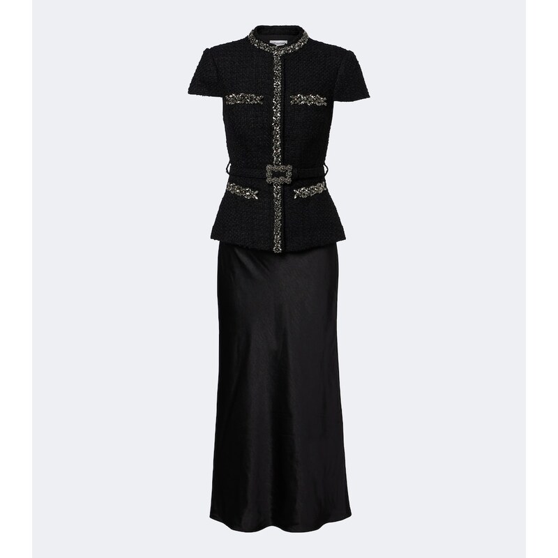 Self-Portrait Belted embellished bouclé and satin midi dress