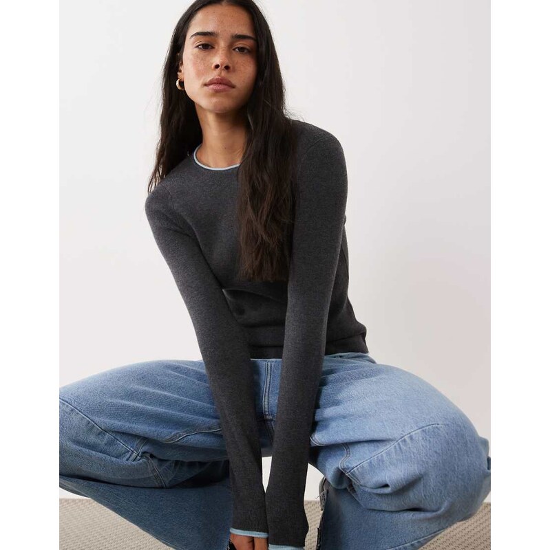 Mango knitted jumper with contrast trim in charcoal-Grey