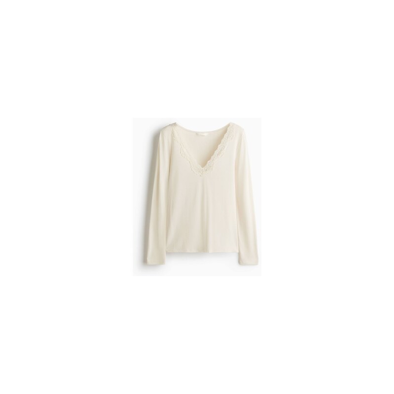 H&M - Tops dlouhými rukávy a krajkovým lemem - Krémová
