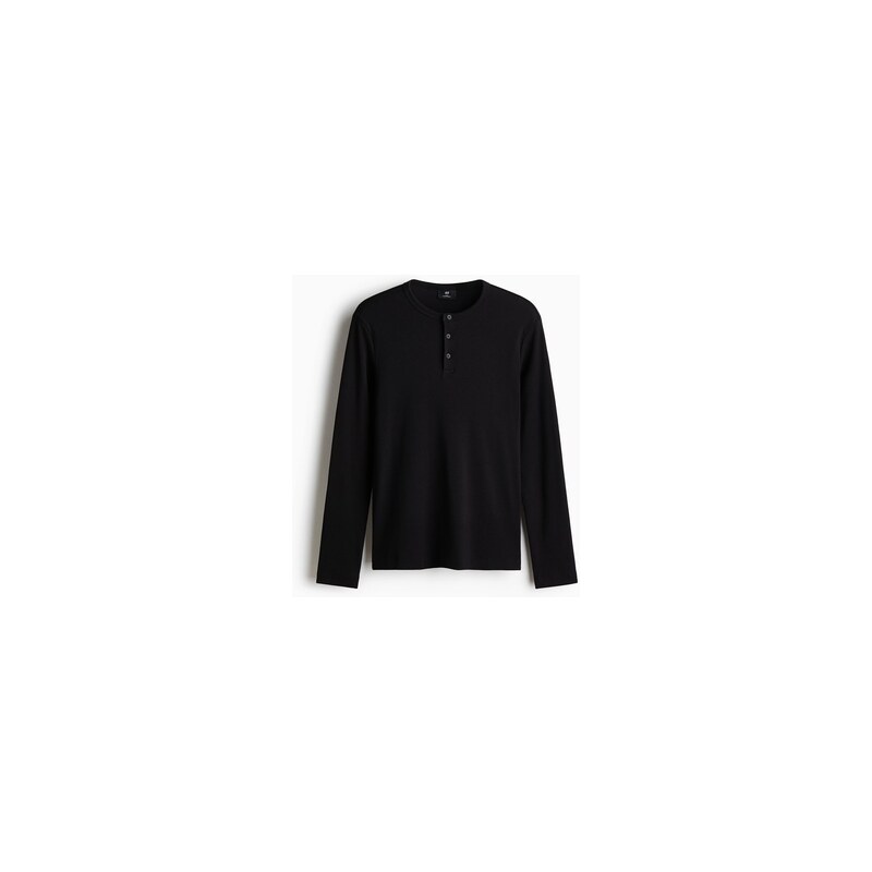 H&M - Top henley z žebrované bavlny Slim Fit - Černá