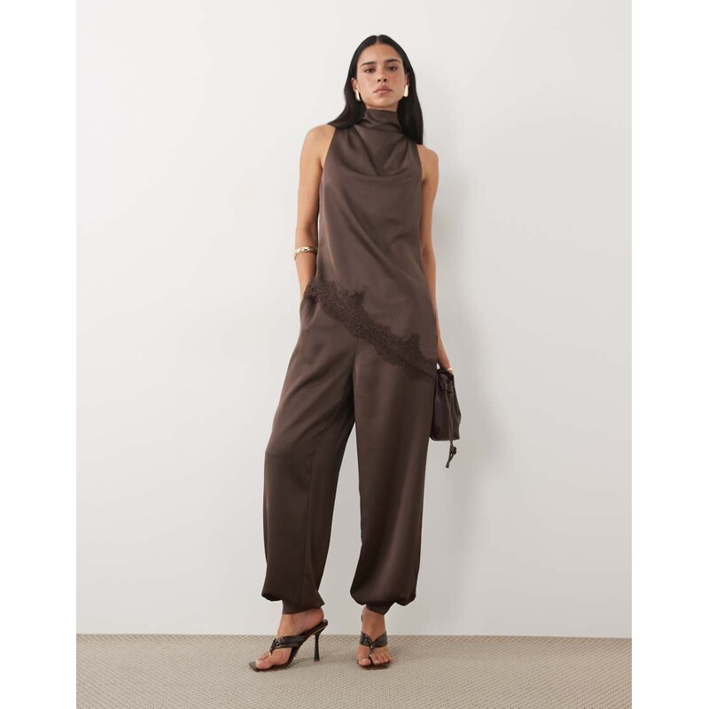 Pretty Lavish satin balloon leg trousers co-ord in chocolate